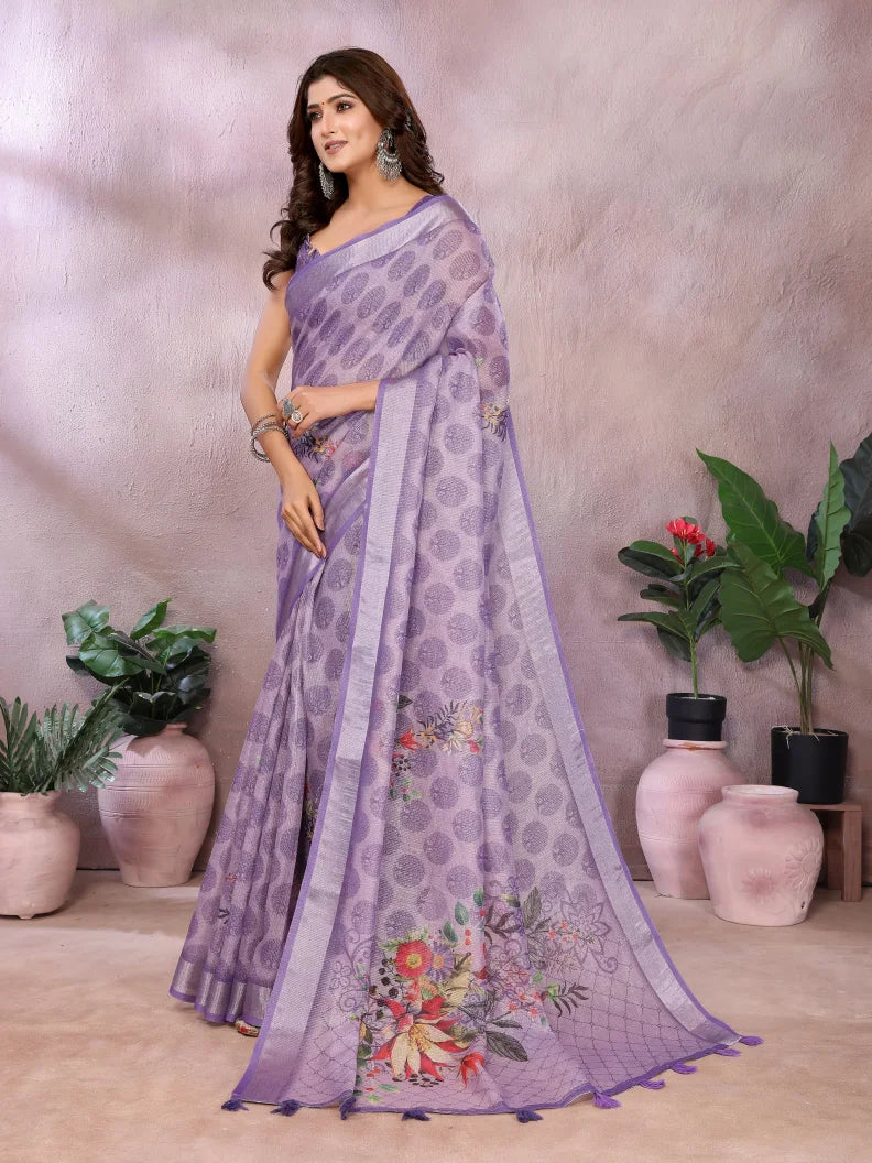 Lavender Floral Digital Print Soft Linen Saree