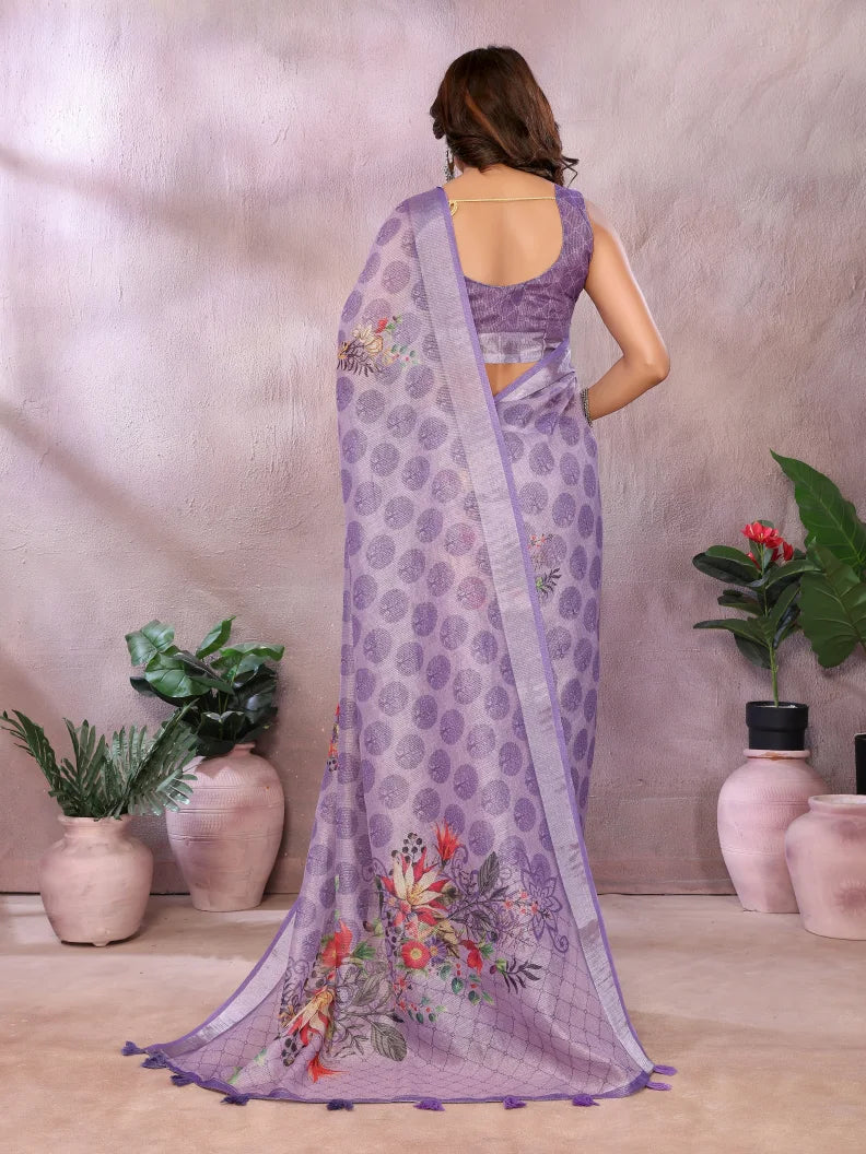 Lavender Floral Digital Print Soft Linen Saree