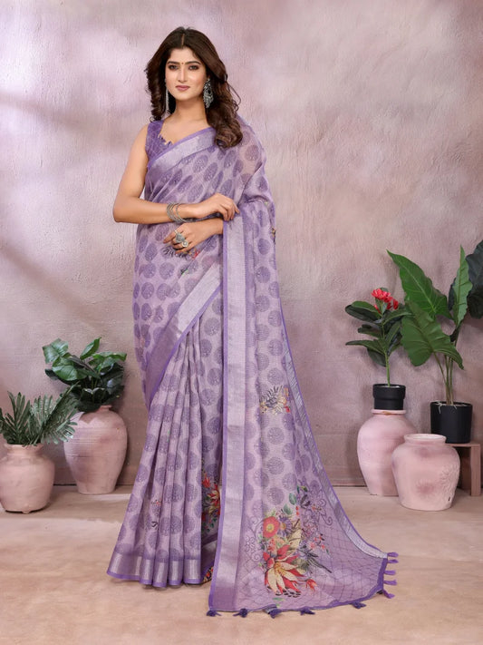 Lavender Floral Digital Print Soft Linen Saree