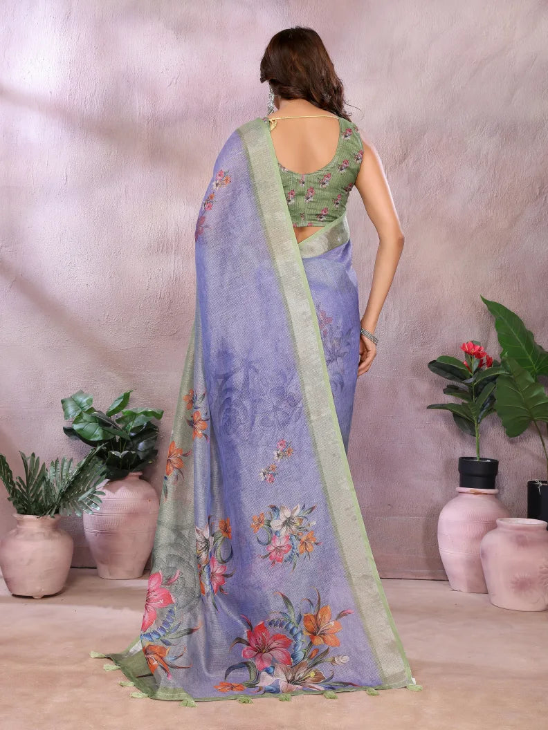 Lavender Green Digital Floral Soft Linen Saree