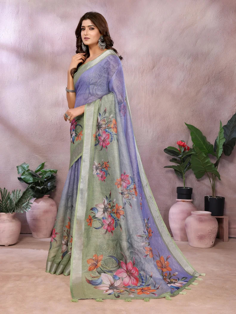 Lavender Green Digital Floral Soft Linen Saree