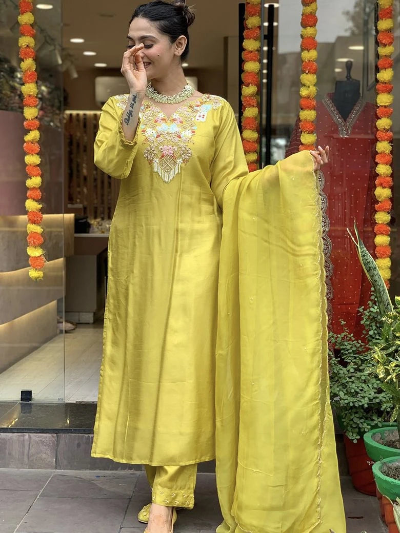 Lime Yellow Embroidered Chanderi Silk Straight Suit