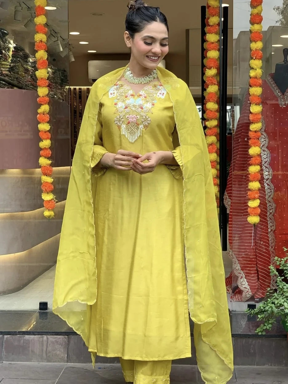 Lime Yellow Embroidered Chanderi Silk Straight Suit
