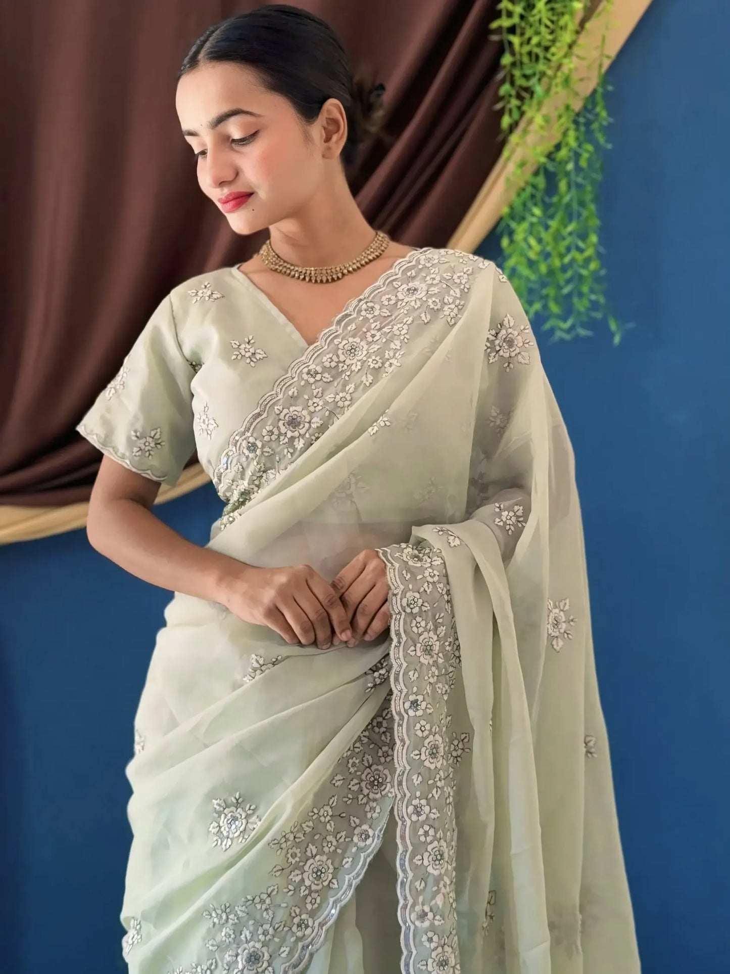 Woman wearing a light green saree with silver embroidery against a blue background