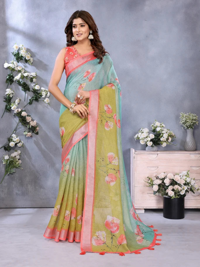 Woman wearing a floral saree with a gray background and decorative elements.