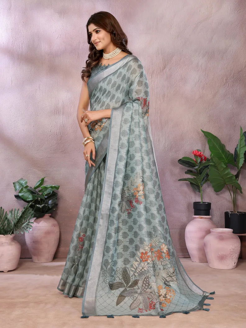 Mist Grey Batik Digital Print Soft Linen Saree