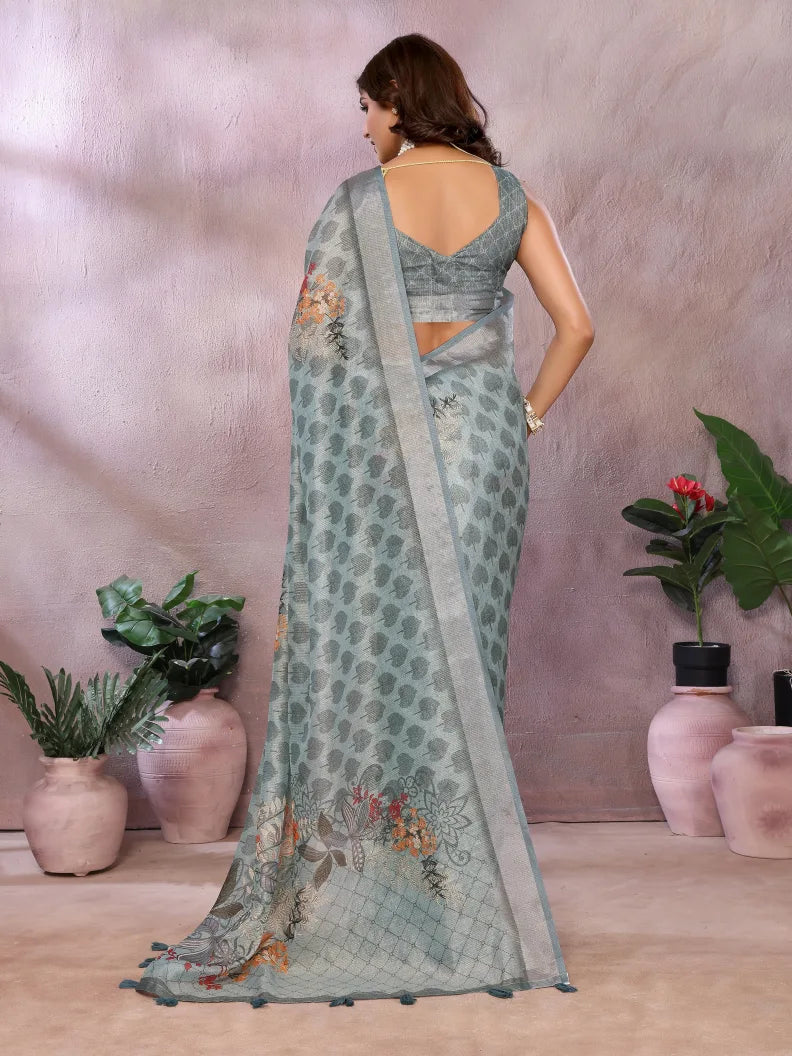 Mist Grey Batik Digital Print Soft Linen Saree