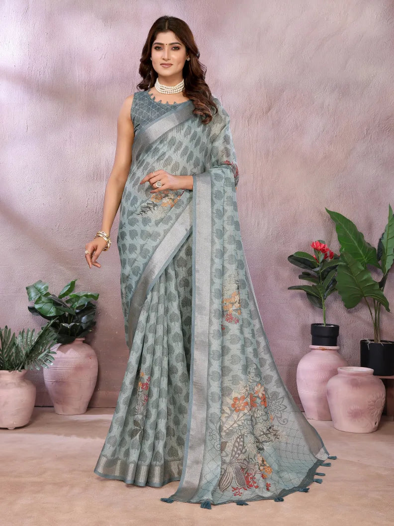 Mist Grey Batik Digital Print Soft Linen Saree