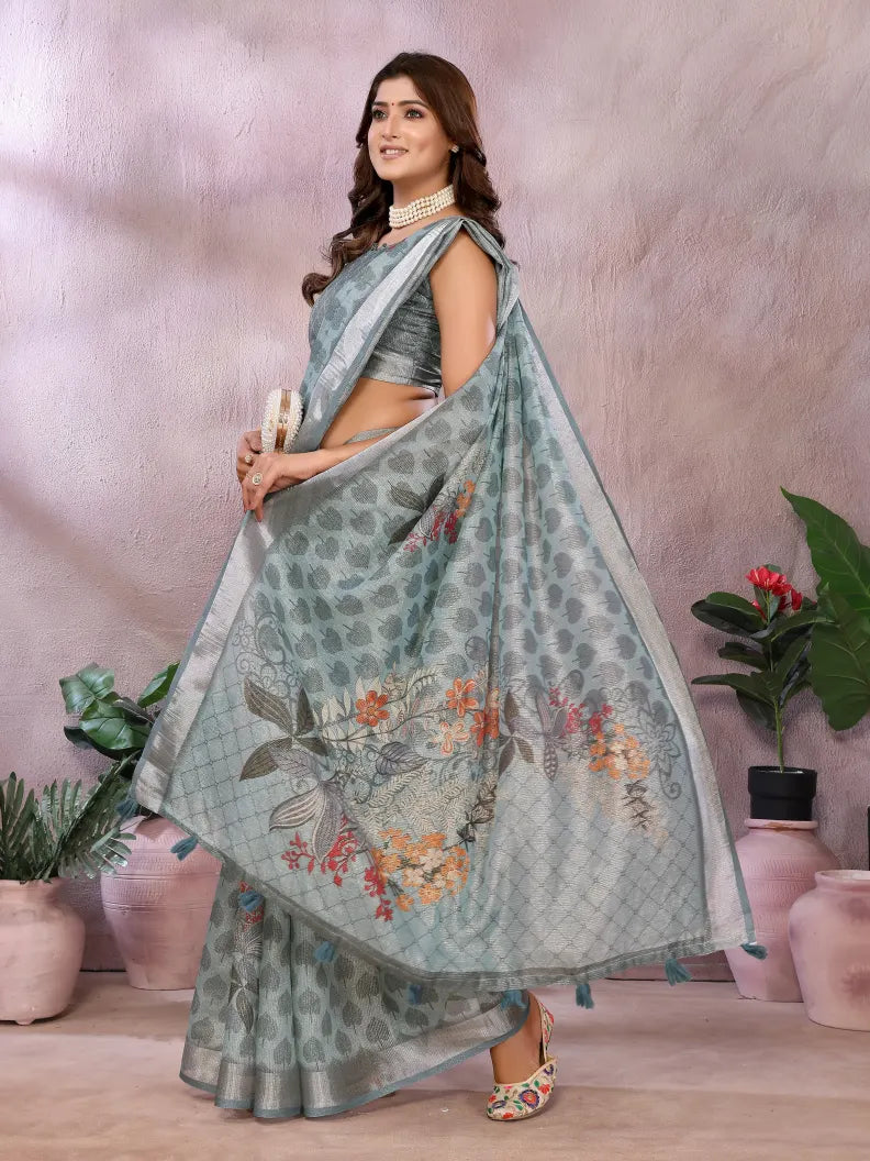 Mist Grey Batik Digital Print Soft Linen Saree