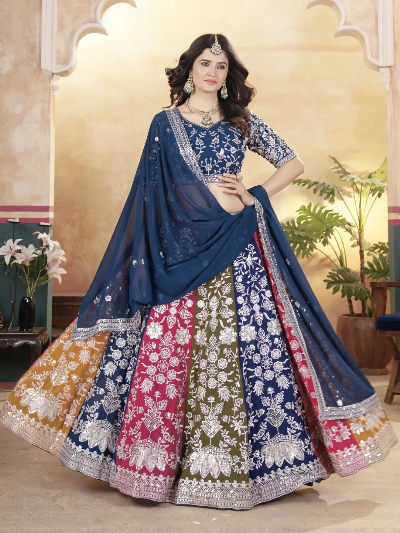 Woman wearing a colorful embroidered traditional outfit with a patterned background