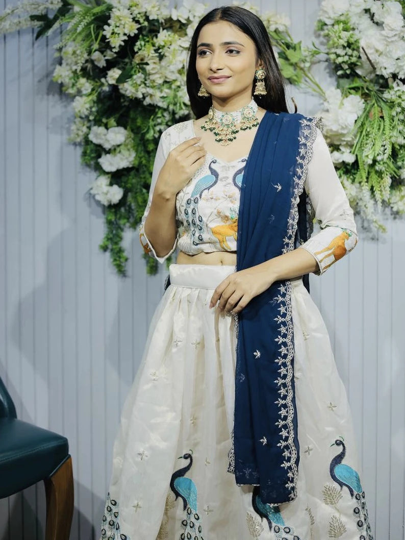 Woman in traditional outfit with floral background