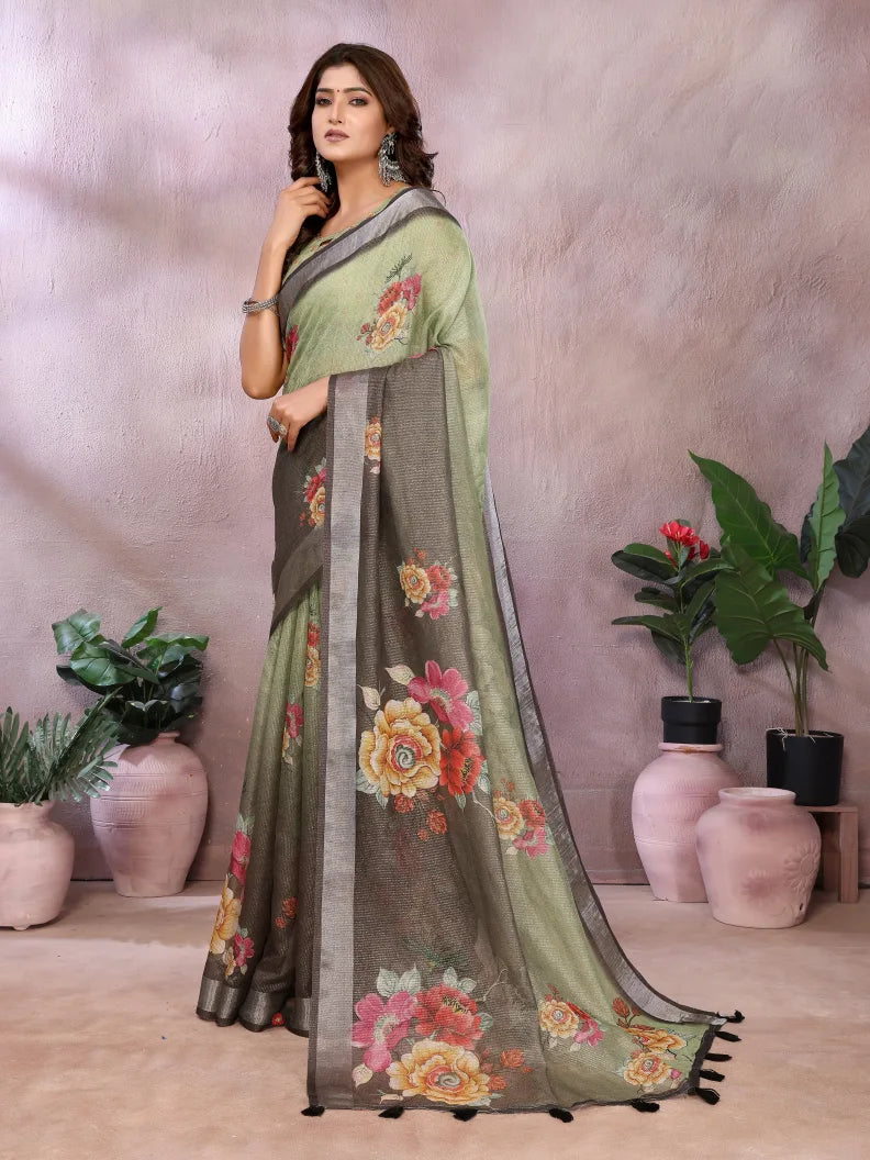 Olive Black Digital Floral Soft Linen Saree