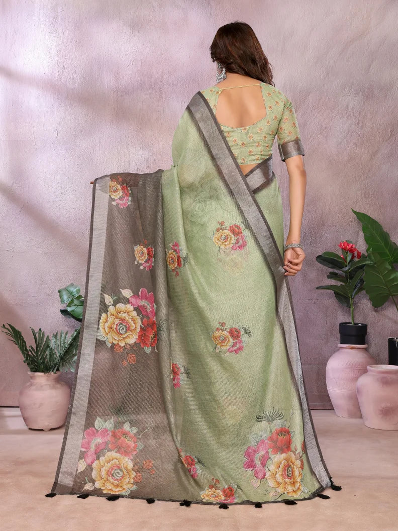 Olive Black Digital Floral Soft Linen Saree