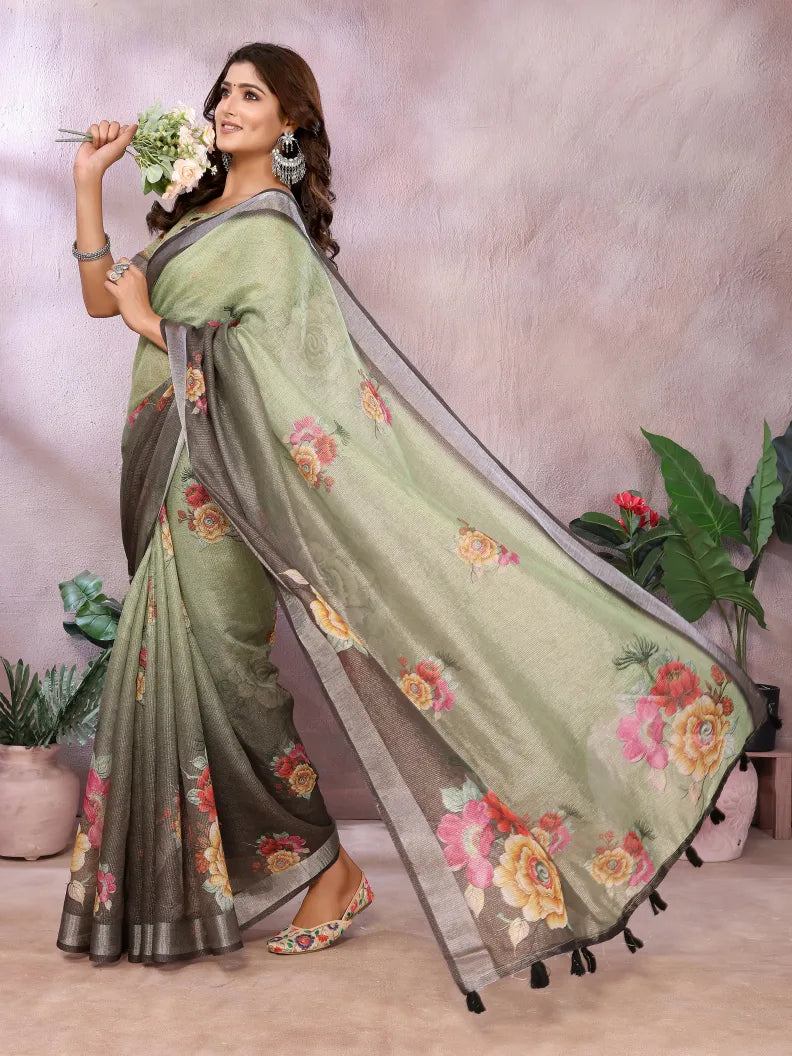Olive Black Digital Floral Soft Linen Saree