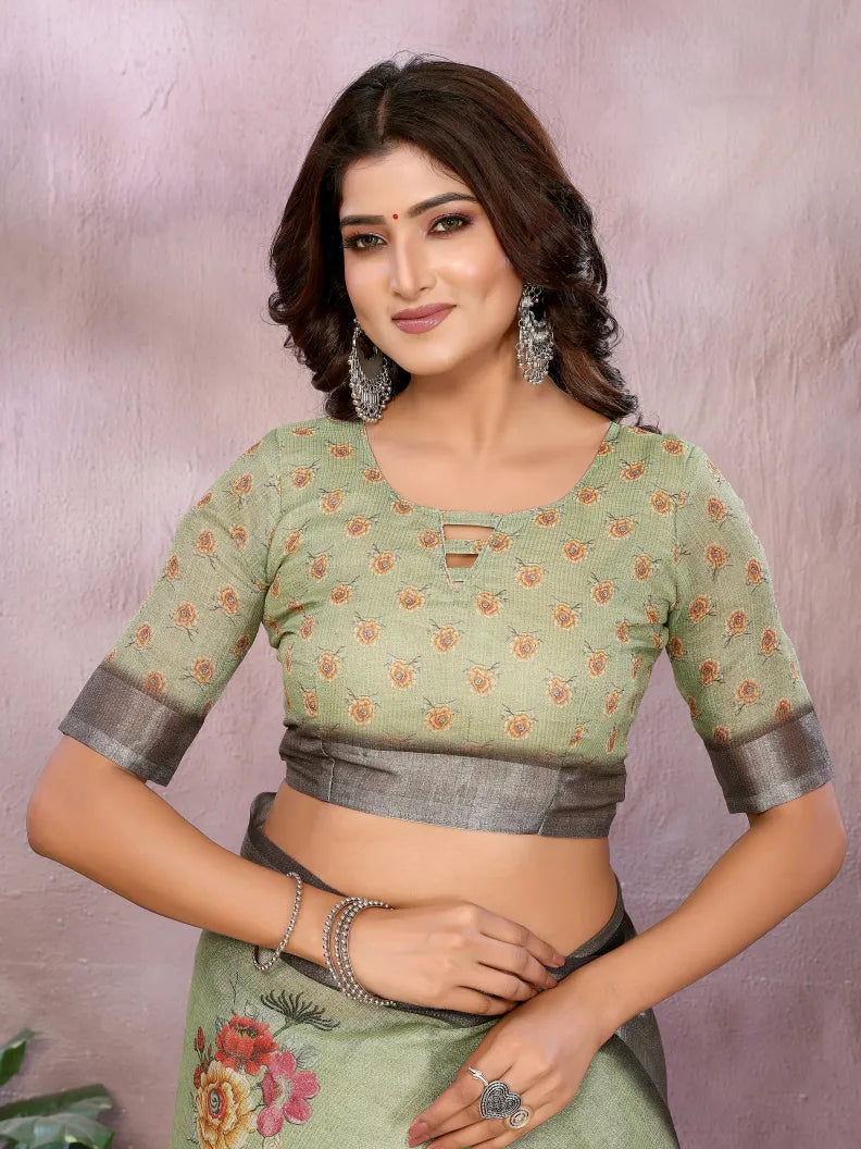 Olive Black Digital Floral Soft Linen Saree