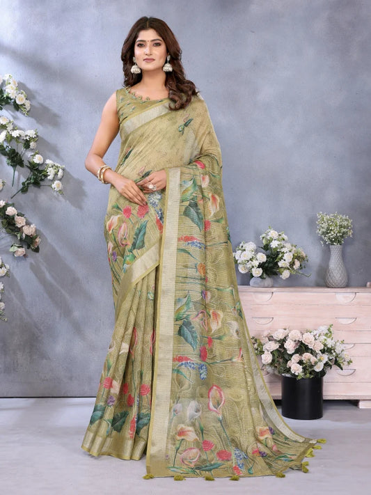 Woman wearing a floral saree with a gray background and decorative elements.