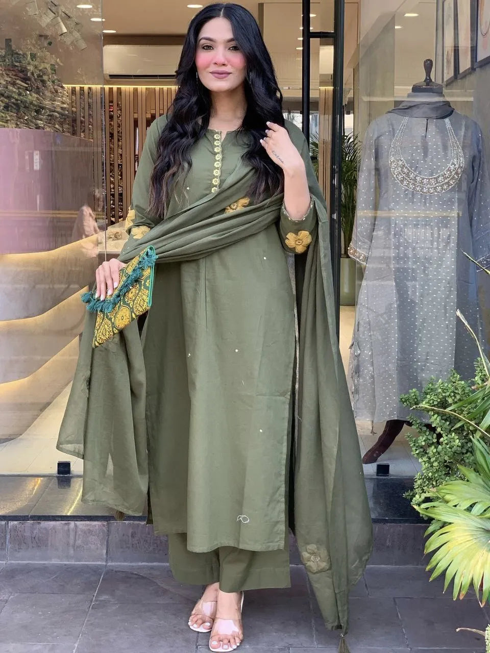 Olive Green Embroidered Chanderi Silk Straight Suit