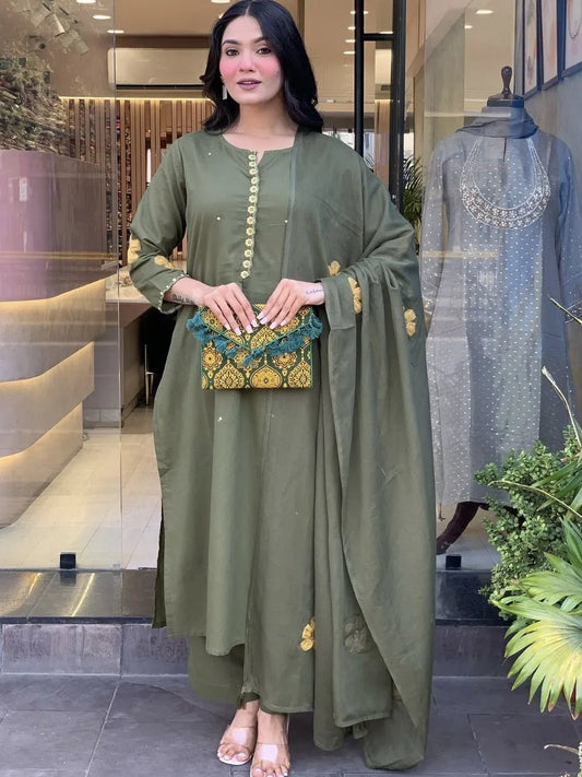 Olive Green Embroidered Chanderi Silk Straight Suit