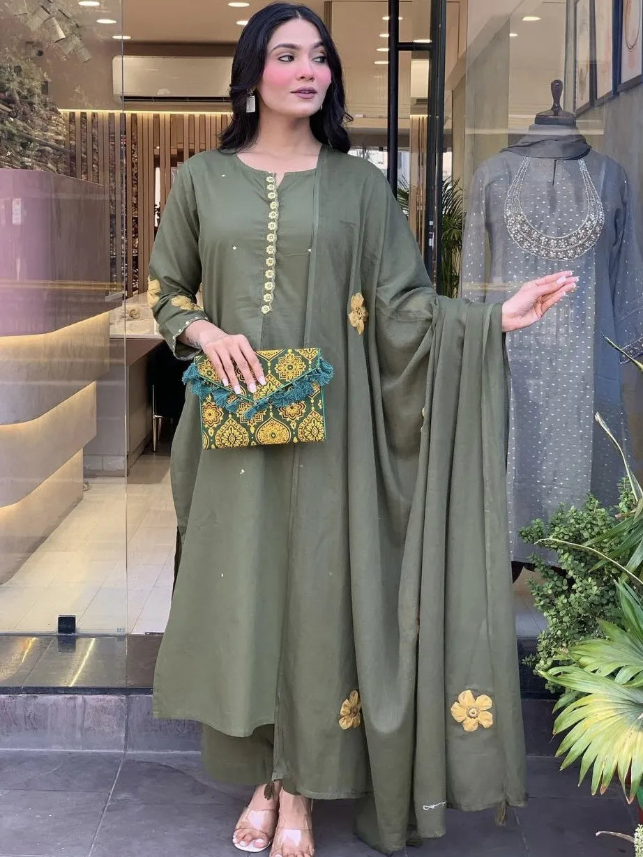 Olive Green Embroidered Chanderi Silk Straight Suit