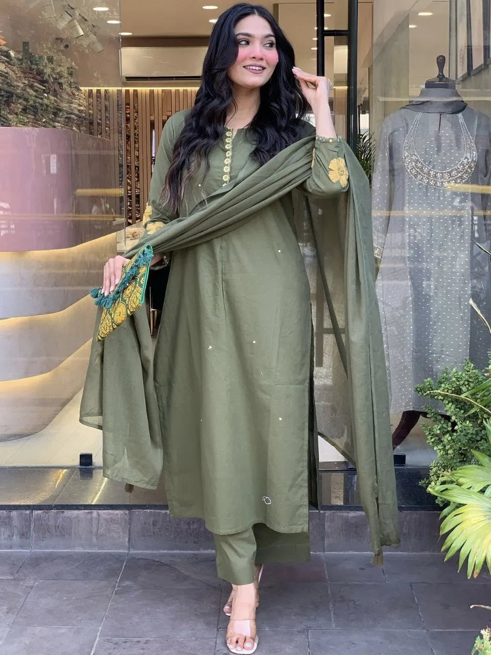 Olive Green Embroidered Chanderi Silk Straight Suit