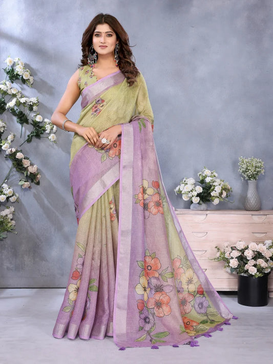 Woman wearing a floral saree with a gray background and flowers.