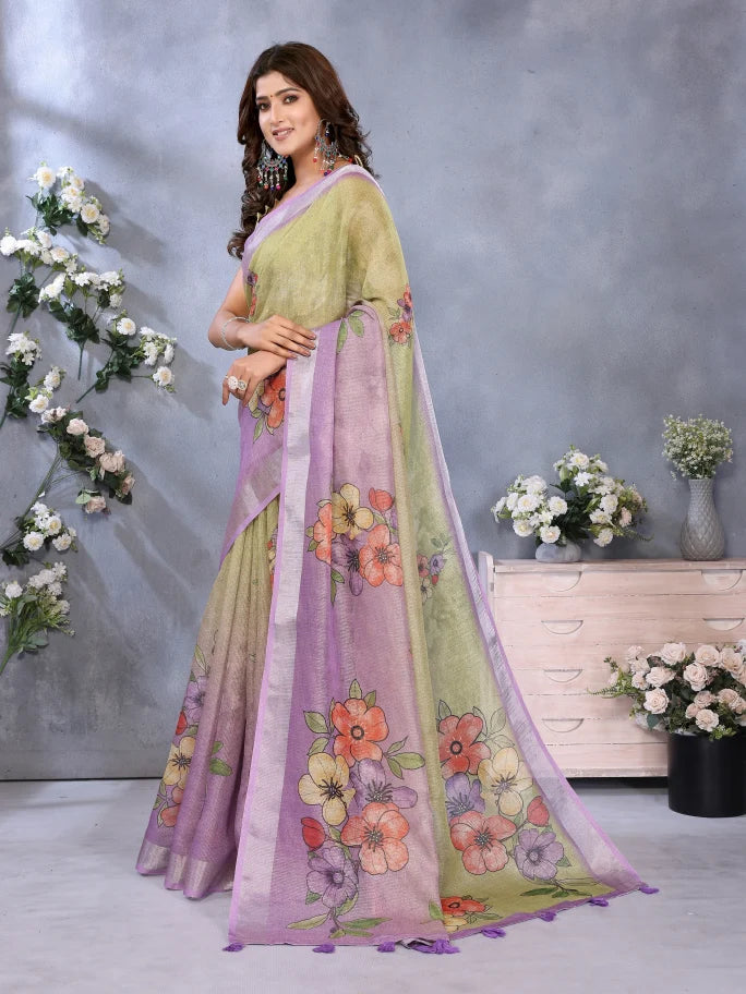 Woman wearing a floral saree with a gray background and decorative elements.