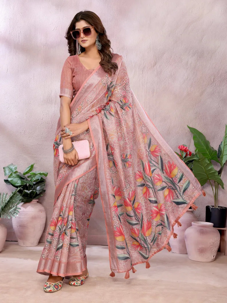 Peach Digital Floral Soft Linen Saree