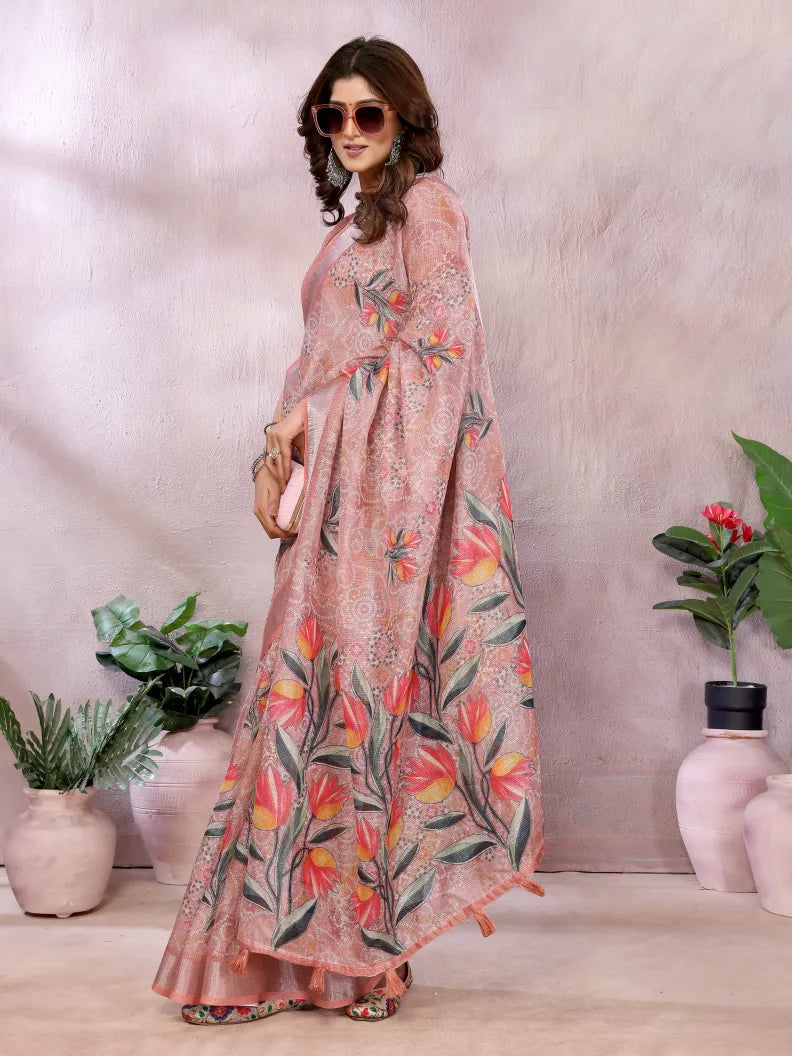 Peach Digital Floral Soft Linen Saree