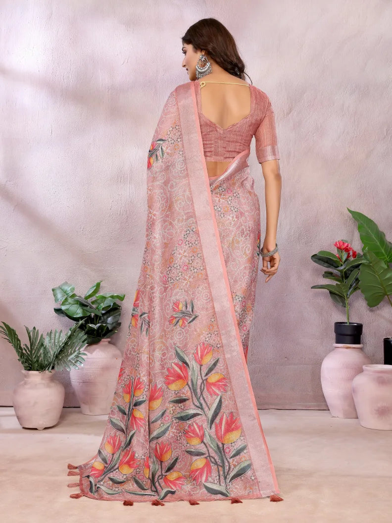 Peach Digital Floral Soft Linen Saree