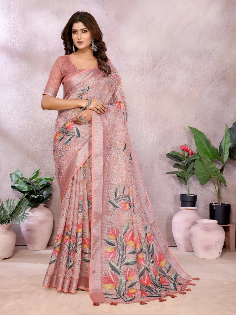 Peach Digital Floral Soft Linen Saree