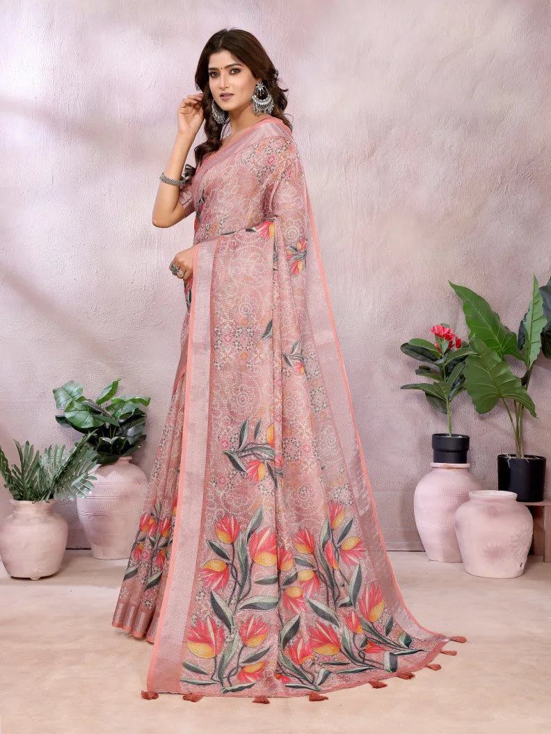 Peach Digital Floral Soft Linen Saree