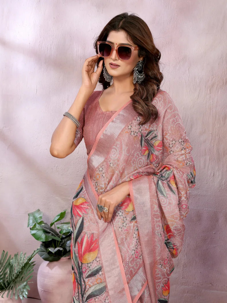 Peach Digital Floral Soft Linen Saree