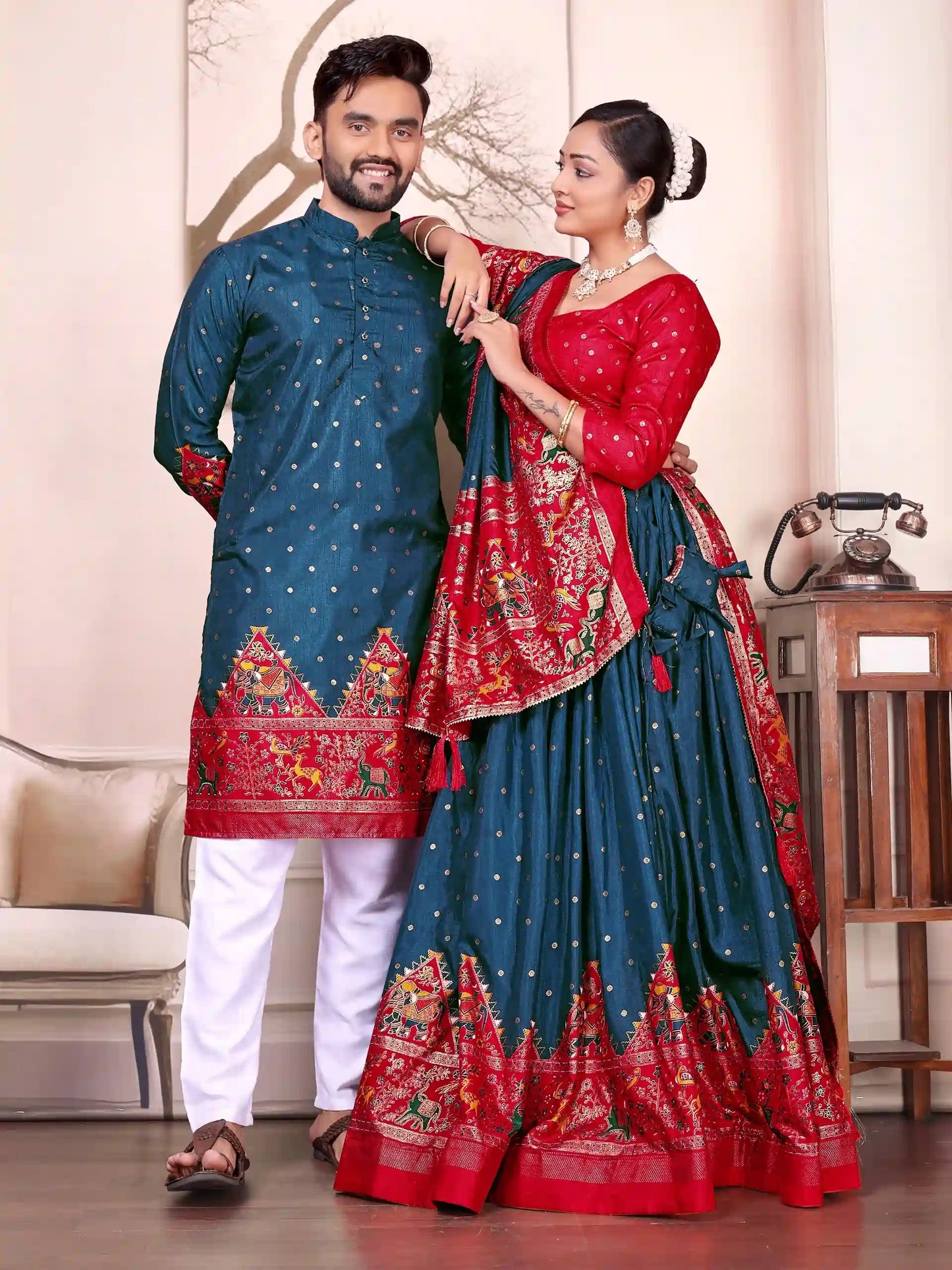 Peacock Blue Patola Foil Dola Silk Kurta Lehenga Combo - RENWICH