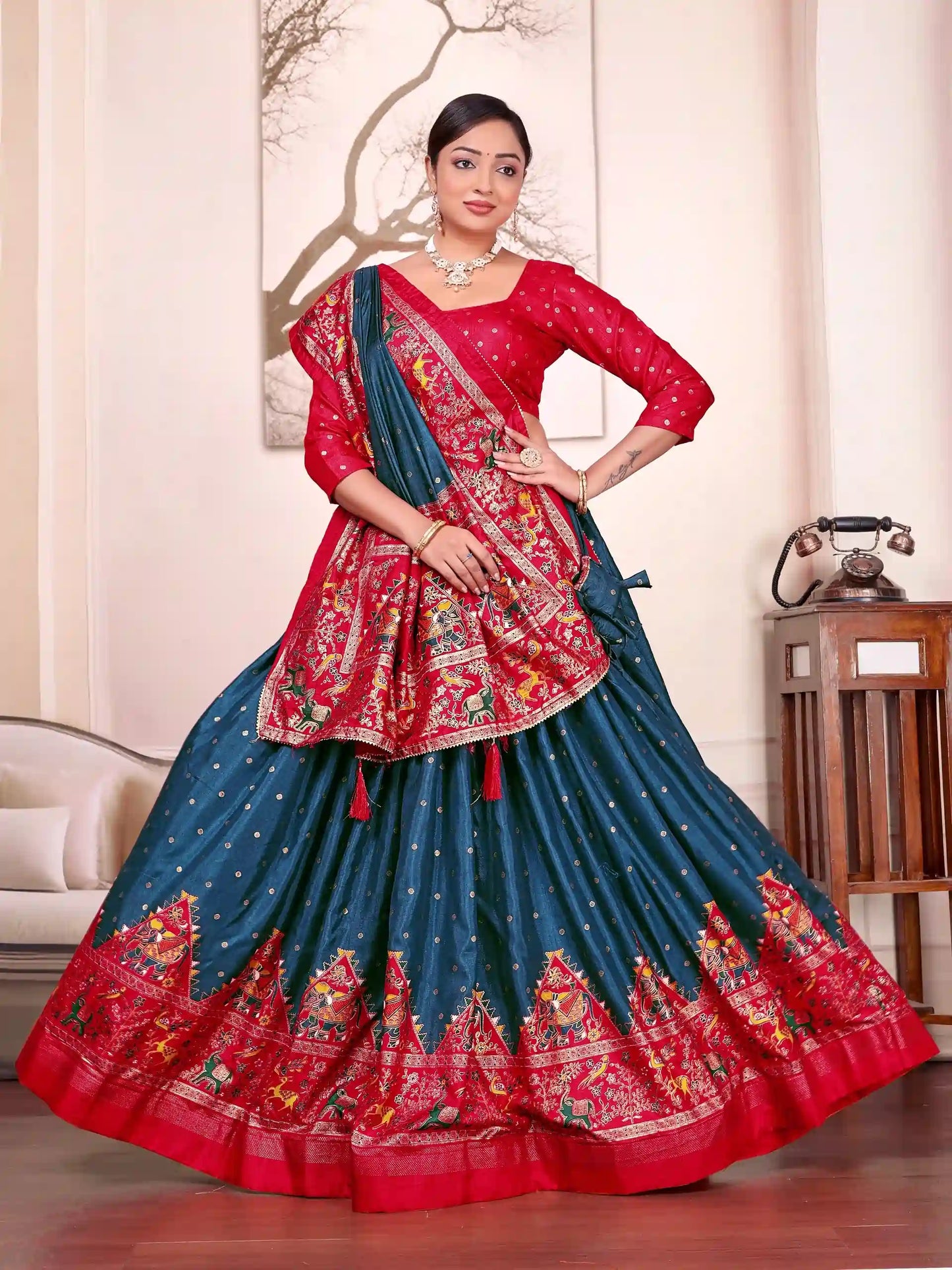 Peacock Blue Patola Foil Dola Silk Kurta Lehenga Combo - RENWICH