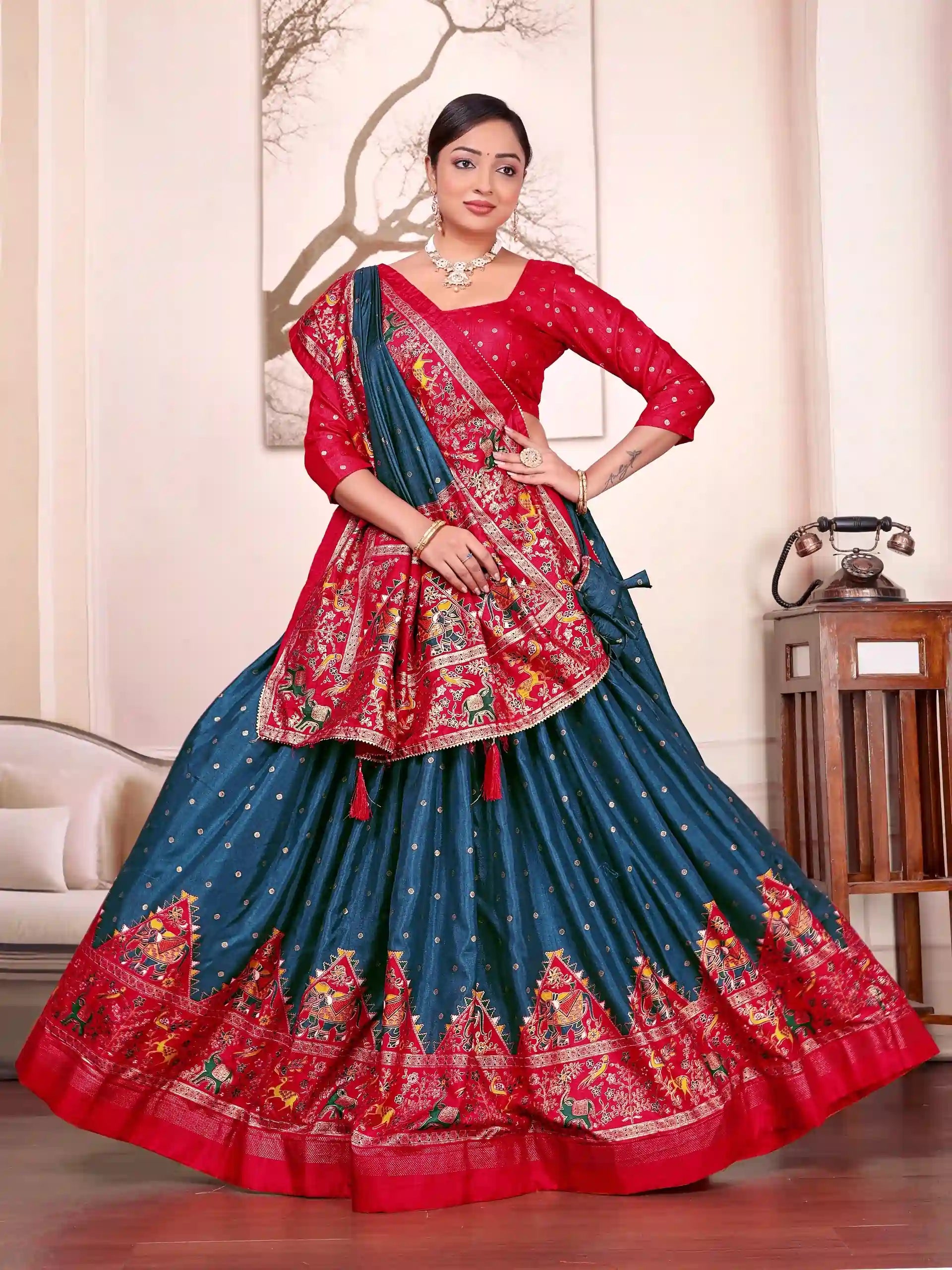 Peacock Blue Patola Foil Dola Silk Kurta Lehenga Combo - RENWICH