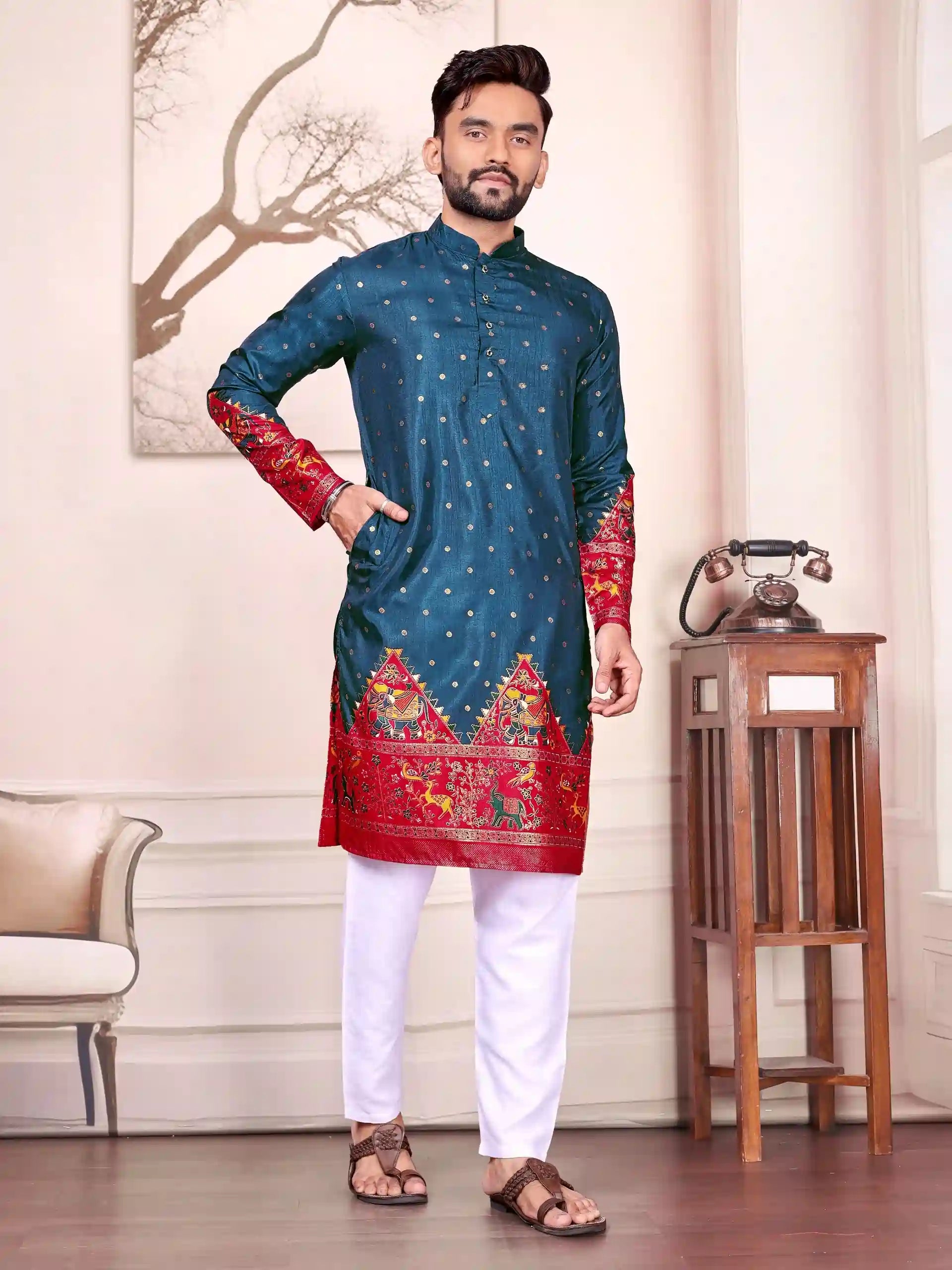 Peacock Blue Patola Foil Dola Silk Kurta Lehenga Combo - RENWICH