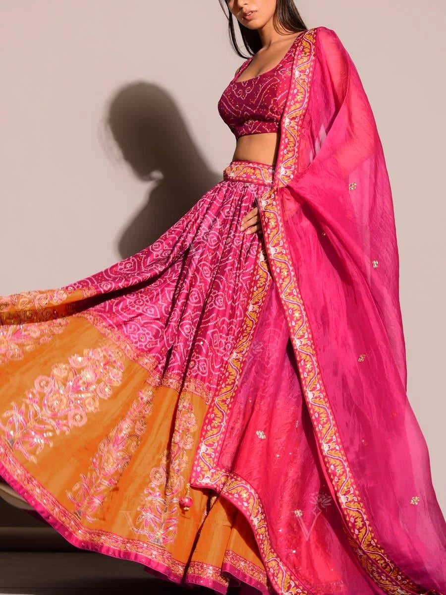 Pink & Orange Bandhani Embroidered Satin Silk Lehenga