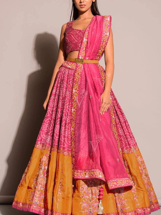 Pink & Orange Bandhani Embroidered Satin Silk Lehenga