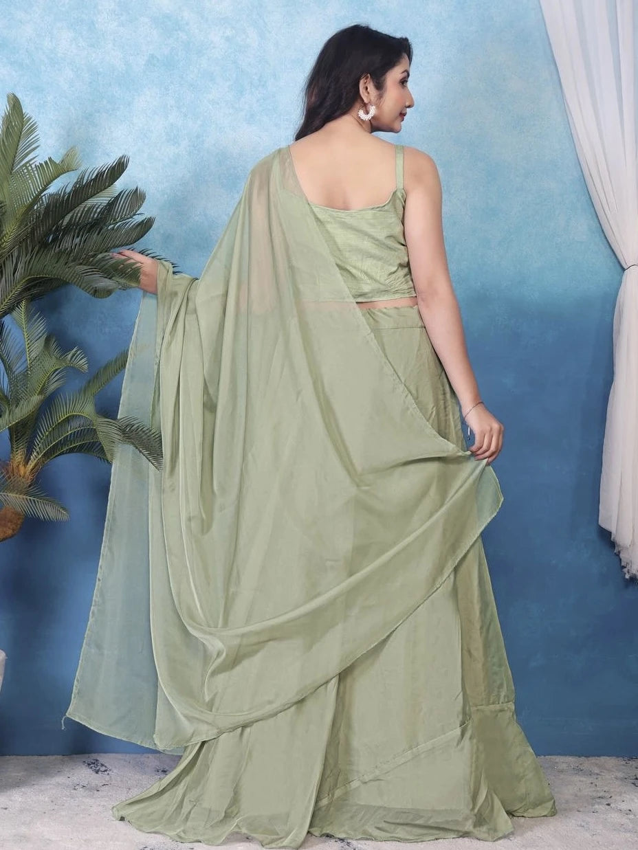 Woman wearing a light green saree with a blue background