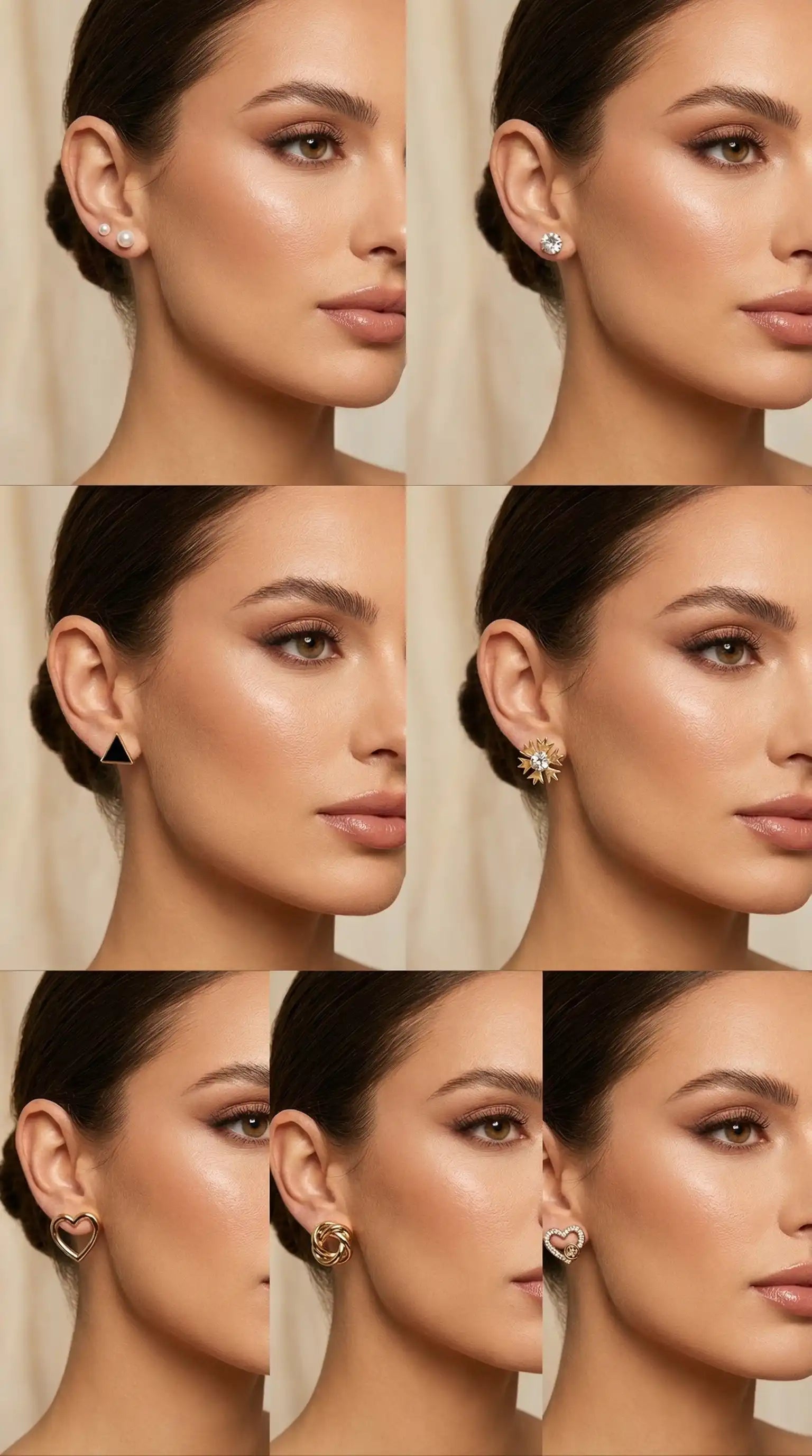 Collage of a woman wearing different earrings against a neutral background