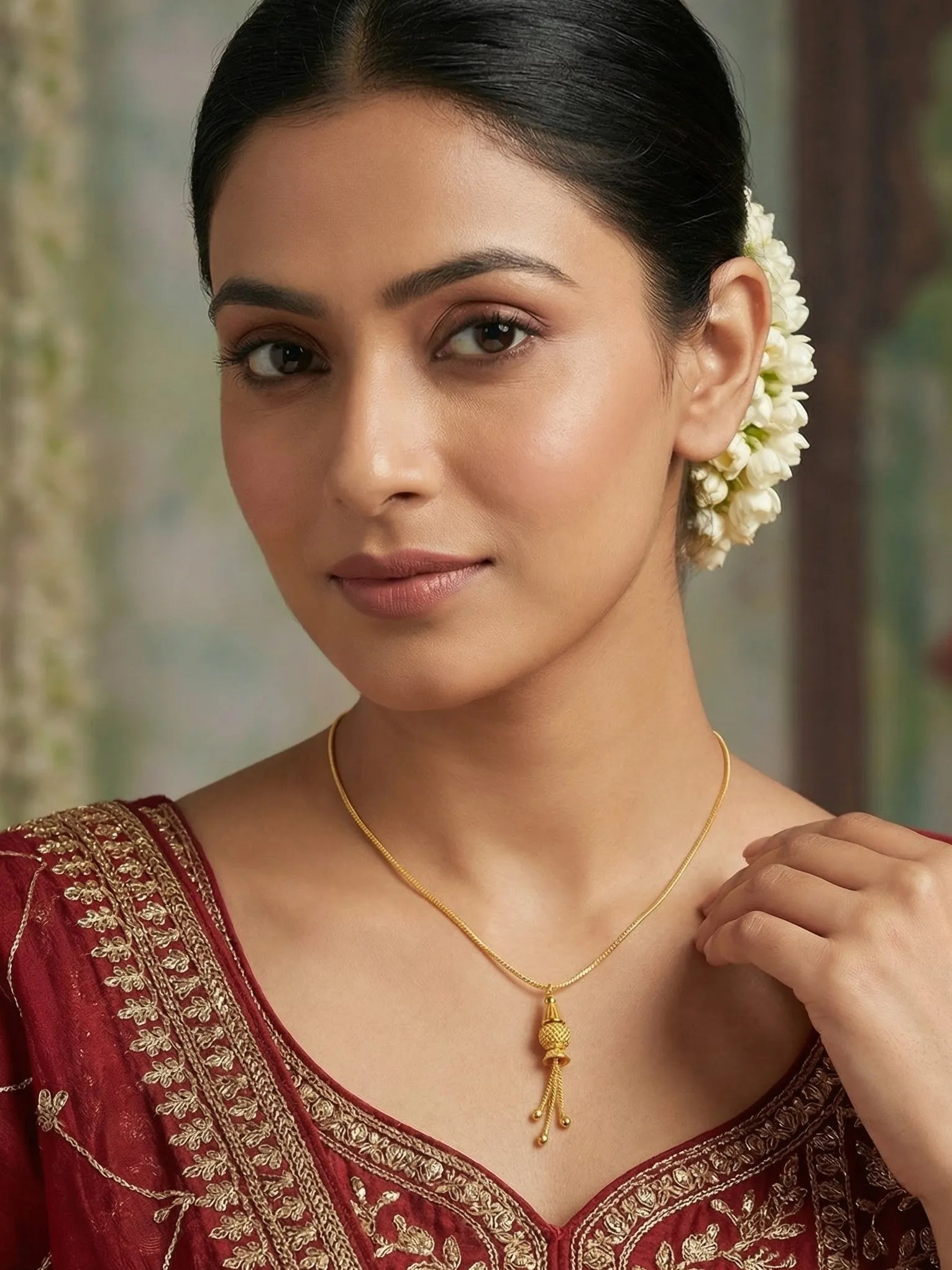 Woman wearing a gold necklace and red embroidered outfit with a blurred background
