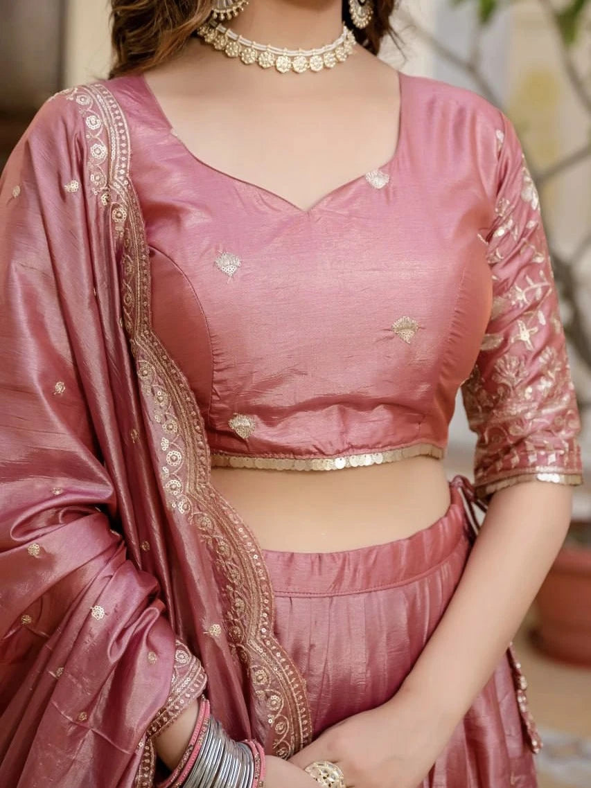 Pink saree with gold details worn by a person, blurred background