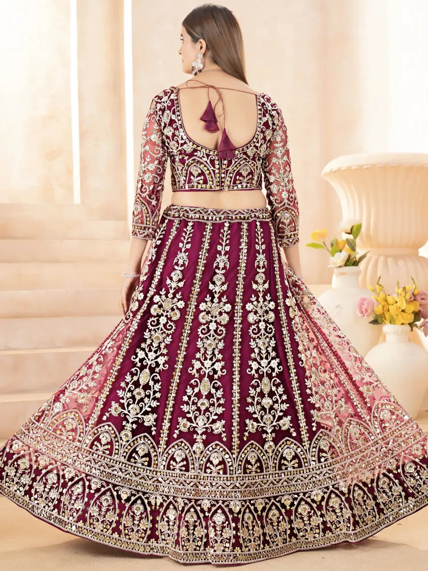 Woman wearing a purple embroidered traditional outfit with a white background