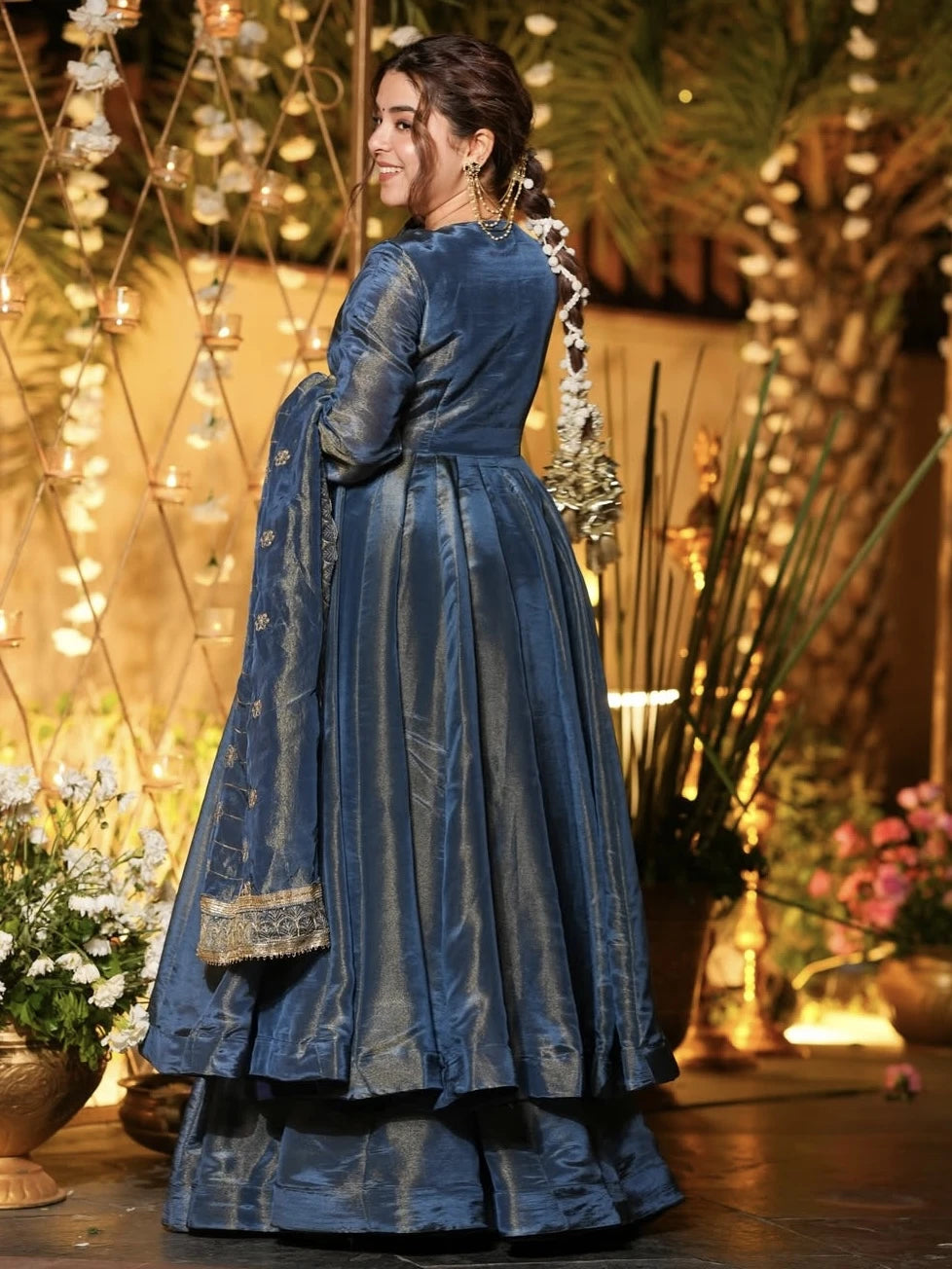 Steel Blue Embroidered Vichitra Silk Anarkali RENWICH Steel Blue Embroidered Vichitra Silk Anarkali RENWICH