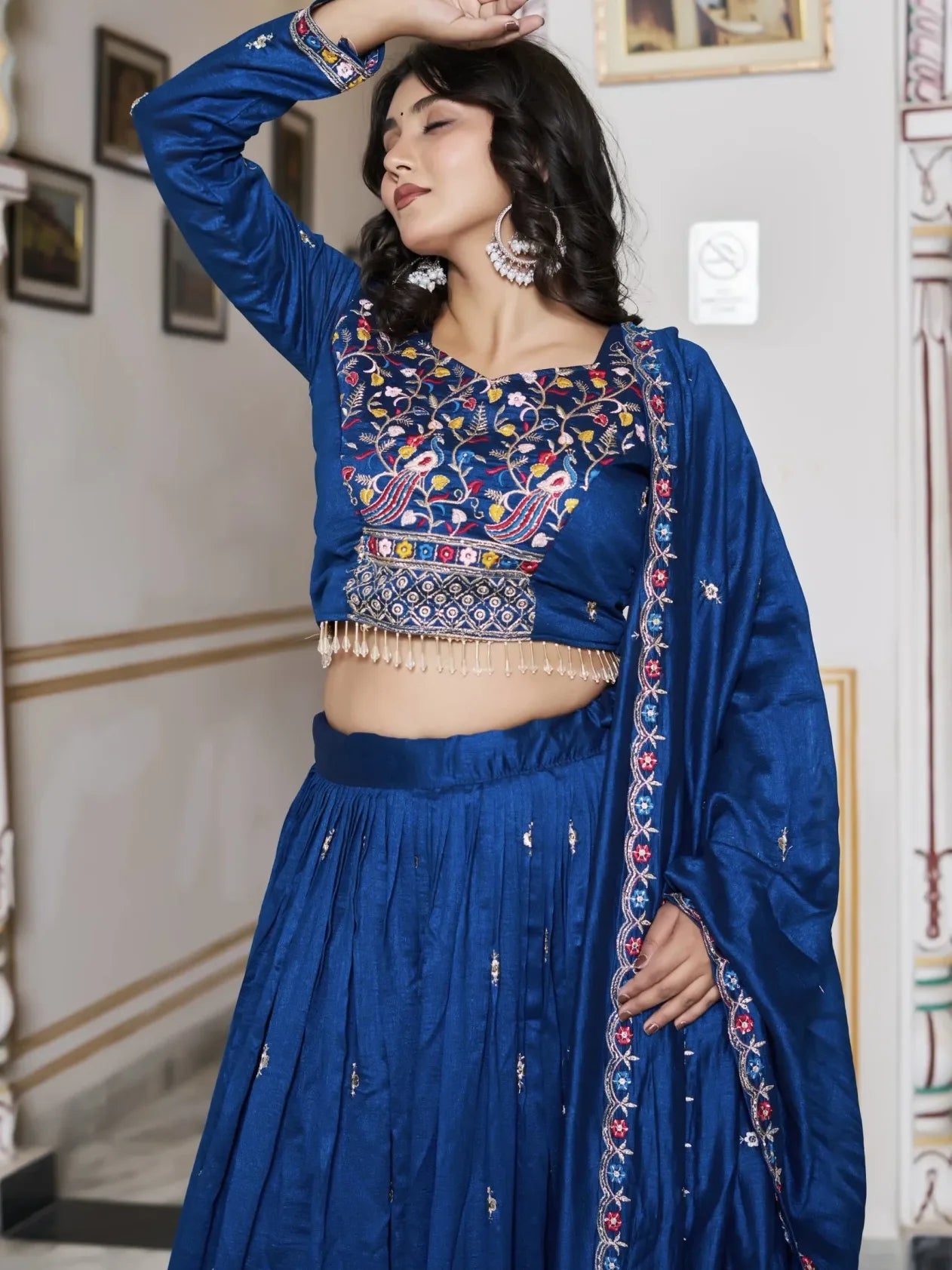 Woman wearing a traditional blue embroidered outfit indoors.