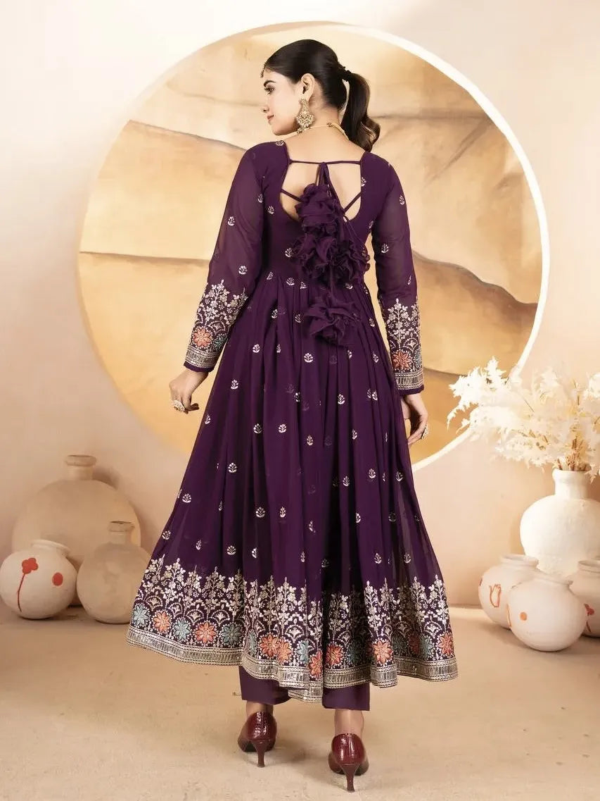 Wine Embroidery Faux Blooming Anarkali Suit - RENWICH
