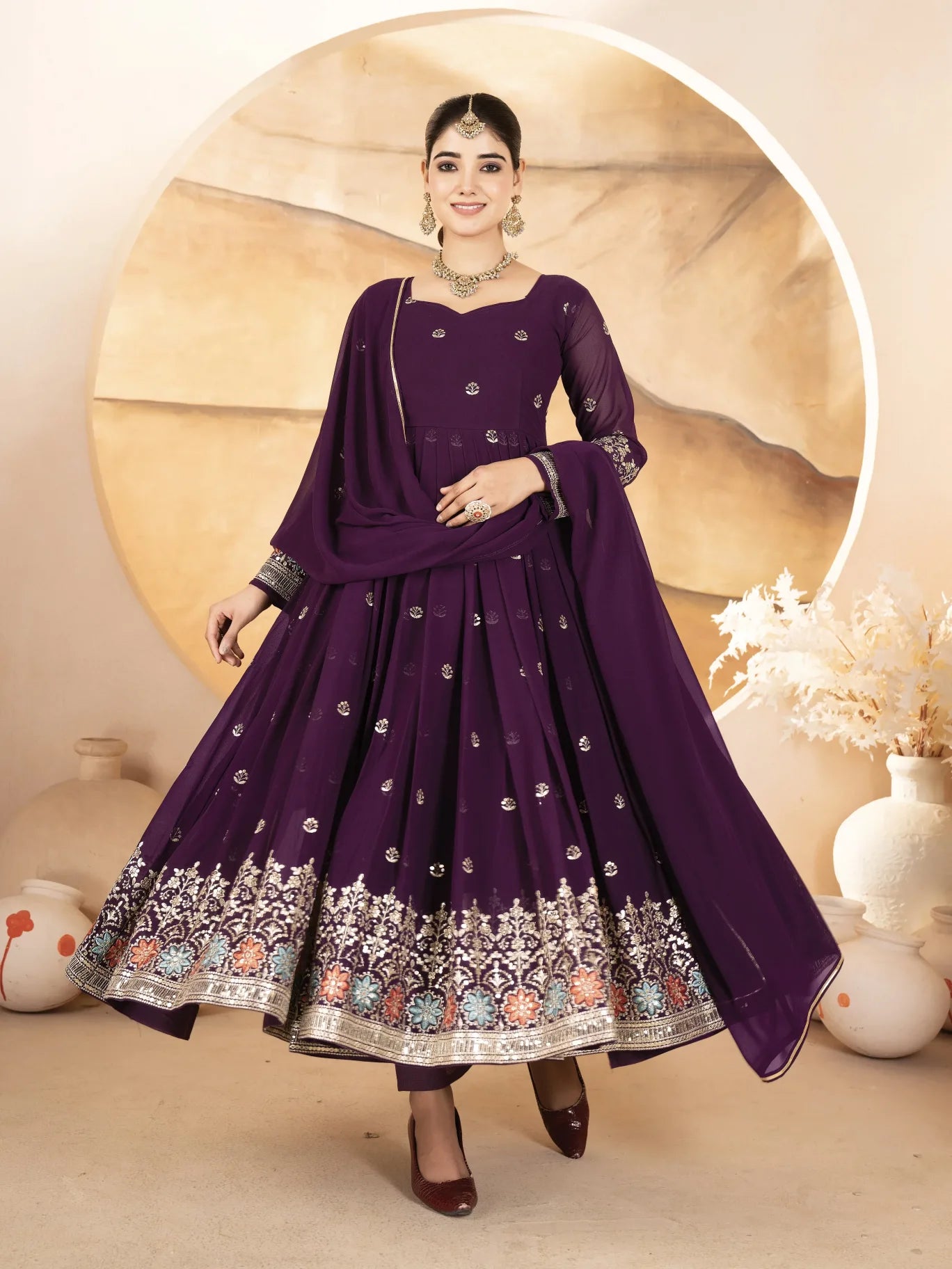 Wine Embroidery Faux Blooming Anarkali Suit - RENWICH