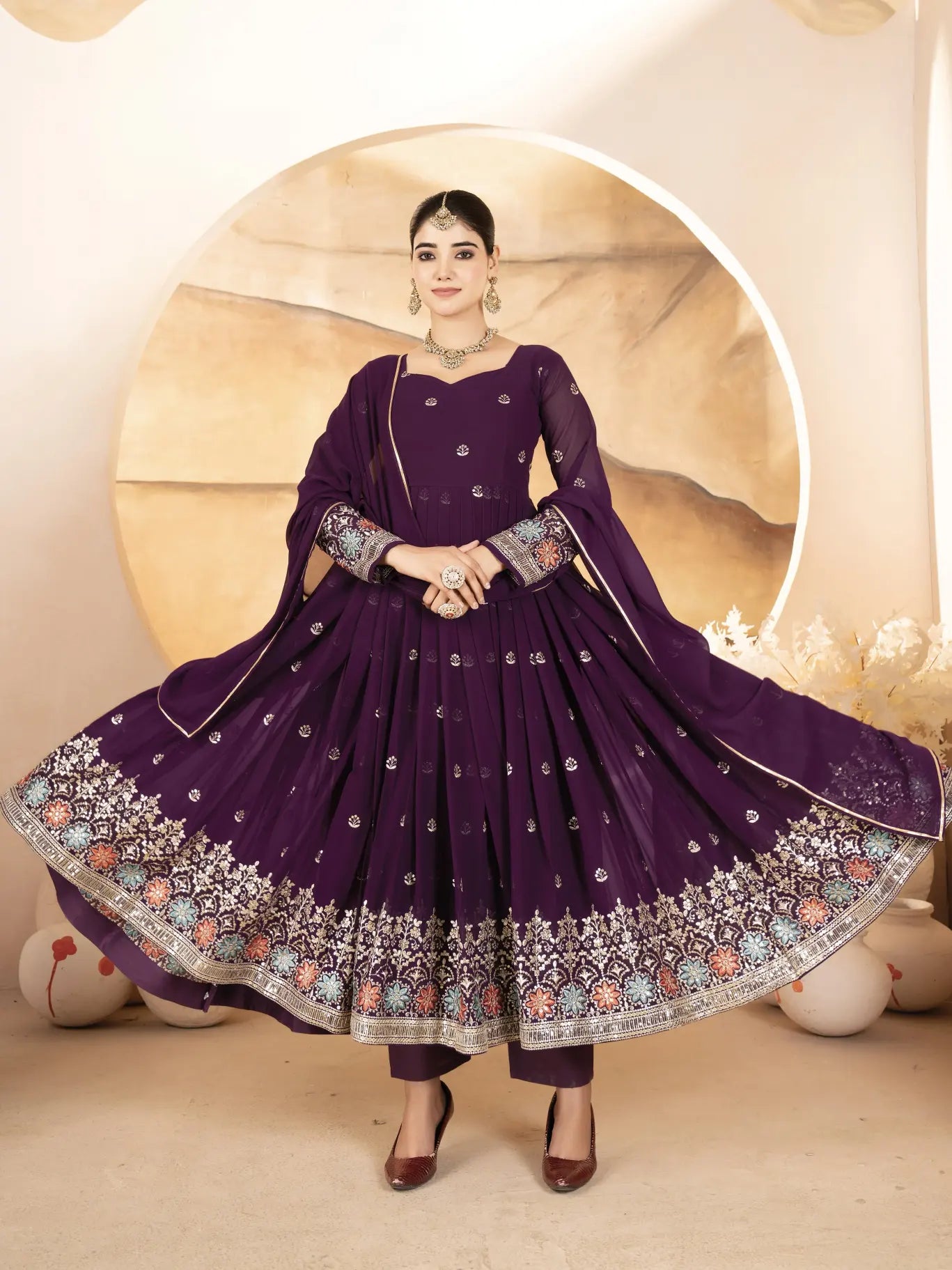 Wine Embroidery Faux Blooming Anarkali Suit - RENWICH