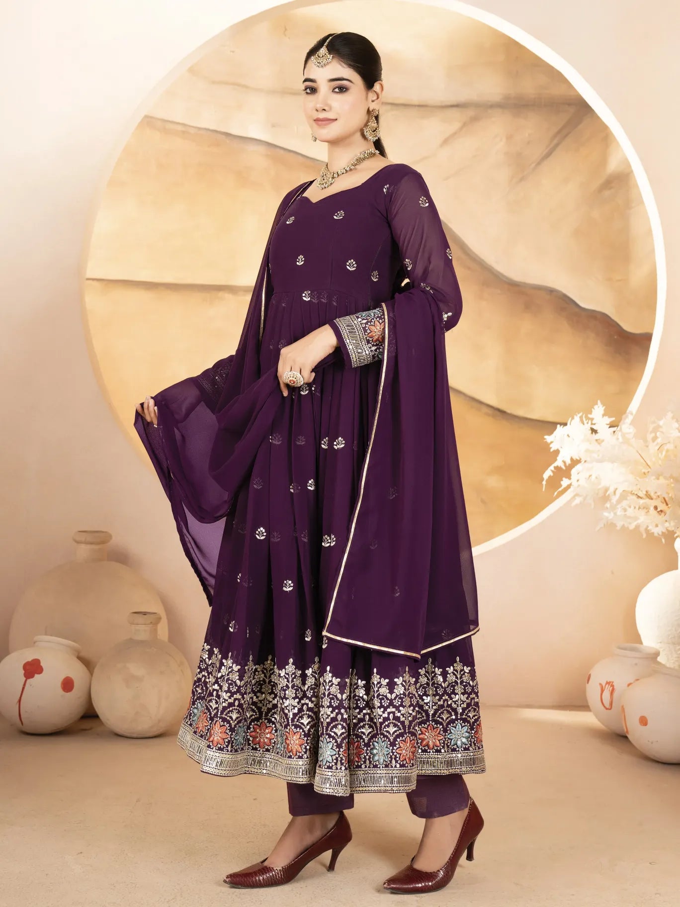 Wine Embroidery Faux Blooming Anarkali Suit - RENWICH