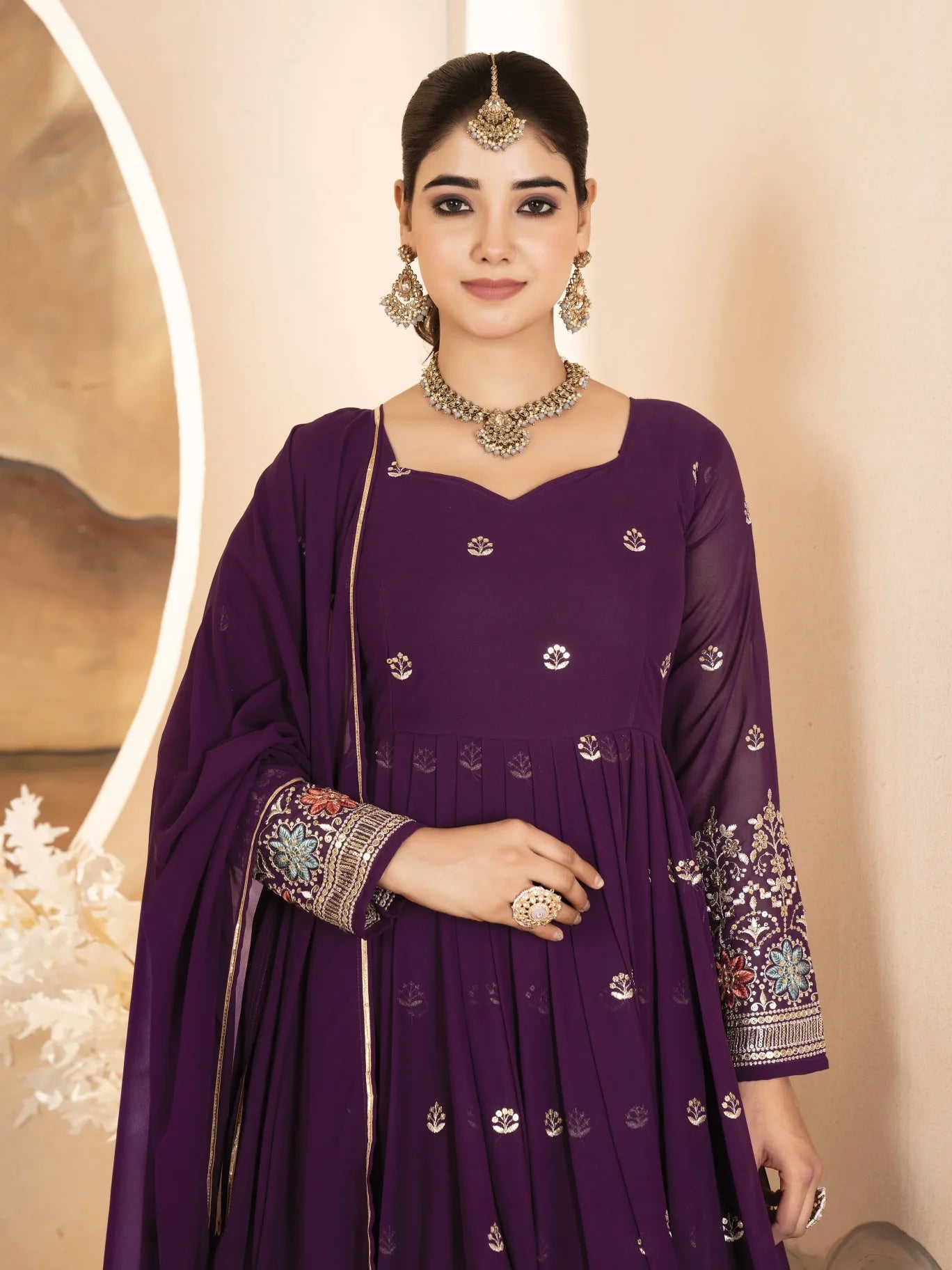 Wine Embroidery Faux Blooming Anarkali Suit - RENWICH